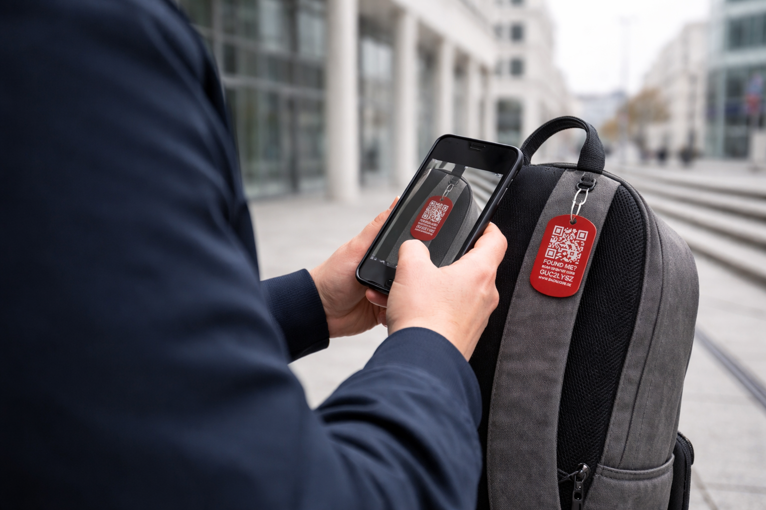 Smartphone scannt BackCode QR-Code an einem Schlüsselanhänger für anonyme Rückgabe