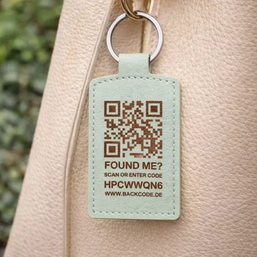 BackCode Kunstleder Schlüsselanhänger Himmelblau – quadratisch mit Tracker-Fach (3,8 cm)